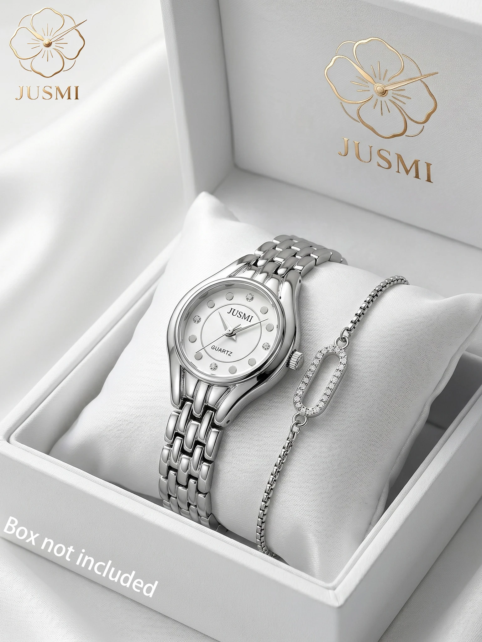 

JUSMI 2Pcs/Set Teen Silver Watch & Rhinestone Bracelet, No Box for Back To School, Vacation & Holiday Girls Accessory