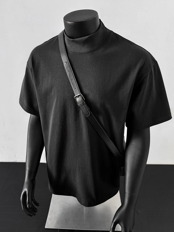 Heavyweight Cotton American Style Cleanfit T-Shirt Men's Short Sleeve Half High Collar Double Thread Standard Fit Summer Top
