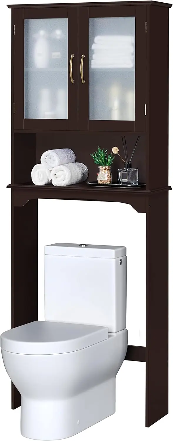 

Over The Toilet Cabinet, Free Standing Toilet Rack with Adjustable Shelves and Tempered Glass Doors for Bathroom Washroom, Espr