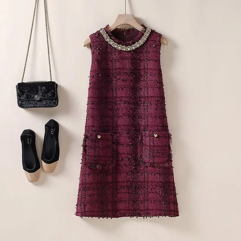 Chaleco de lana falda bolsillo con cuentas Tweed A-Character vestido fino 2025 invierno nueva ropa de mujer