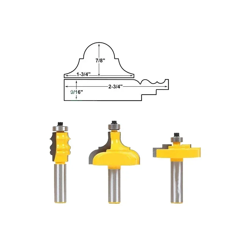 

3pcs 12mm 1/2" Shank Picture Frame Line Router Bit C3 Carbide Classical Milling Cutter for Wood Woodworking Tenon