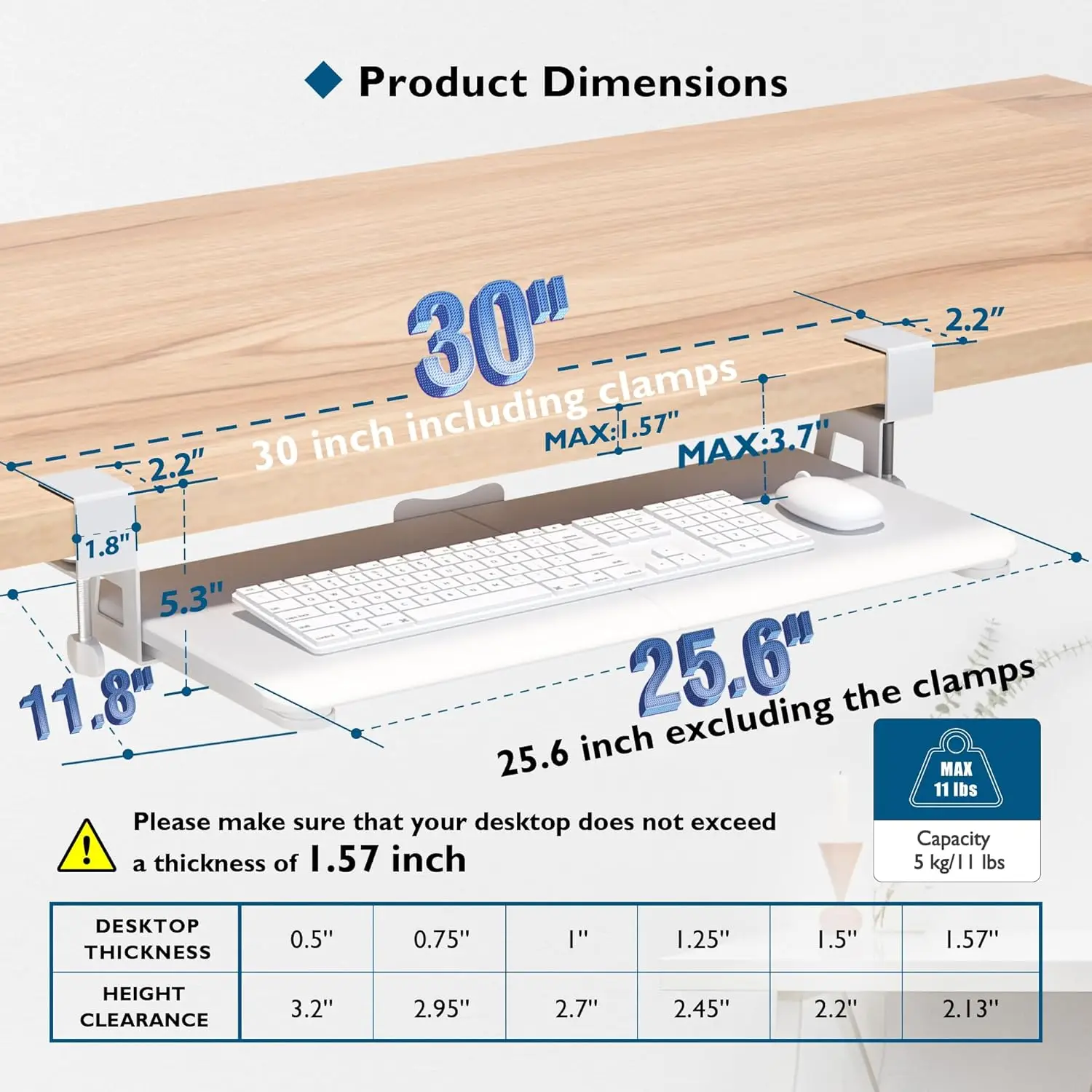 Keyboard Tray Under Desk, Pull Out Keyboard & Mouse Tray with C-clamp, 25.6 Excluding Clamps (30 Including Clamps) x 11.8 Inch