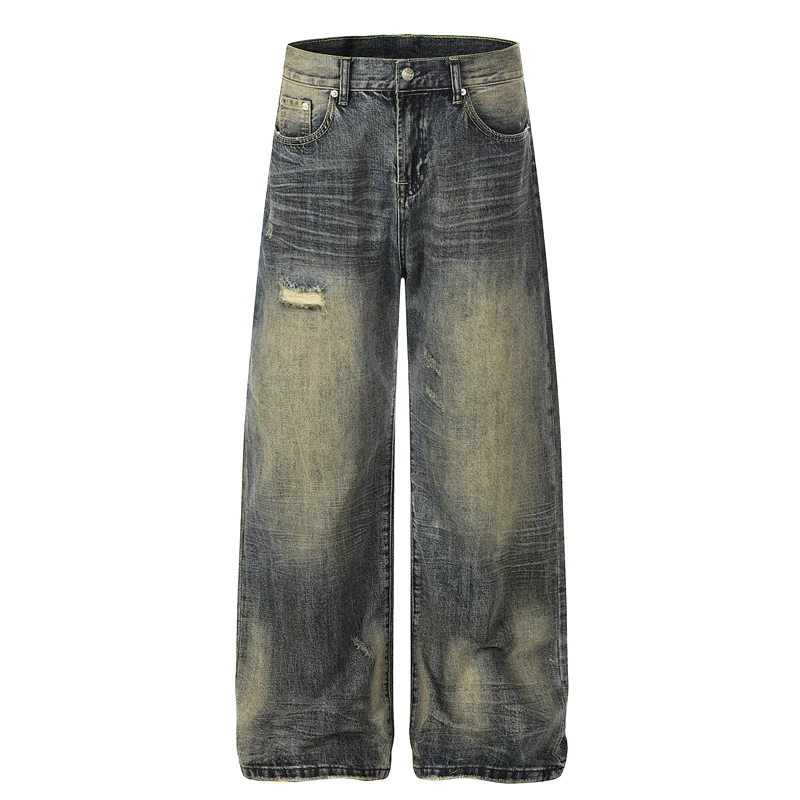 

GXFortune American Retro Waed Distred Denim Jeans Men's Loose Straight Leg Wide Leg Floor-Length Trousers