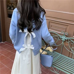 Warm Sweet Knitted Sweaters Women Autumn Winter 2021 Blue Korean Fashion Elegant Pullovers Bow Long Sleeve Casual Chic Pullovers