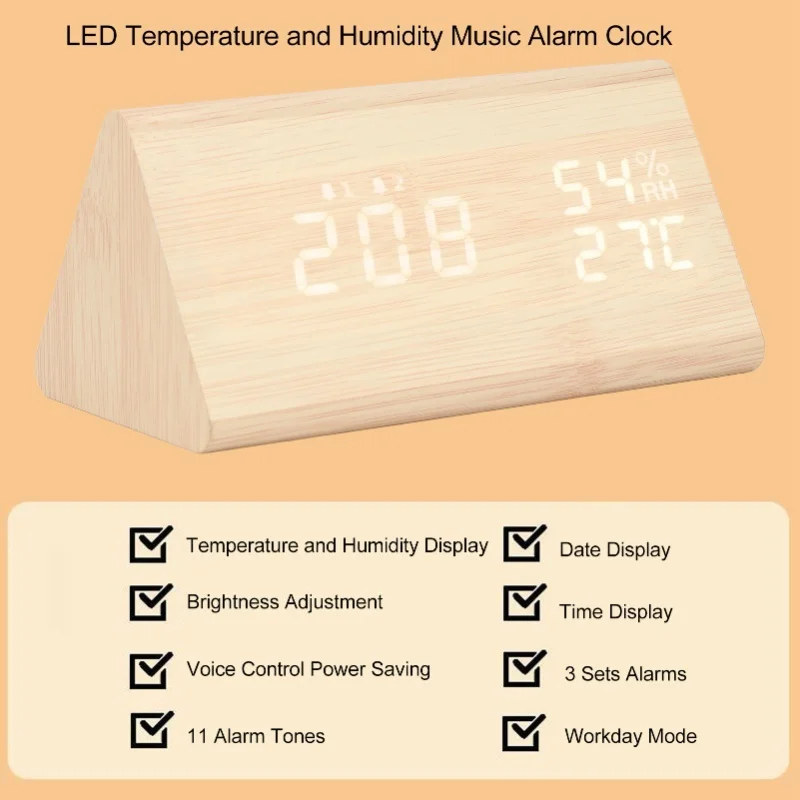 LED Digital Alarm Clock Multipurpose Wooden Clock With Voice Control Humidity Temperature Week Time Display Bamboo Wood