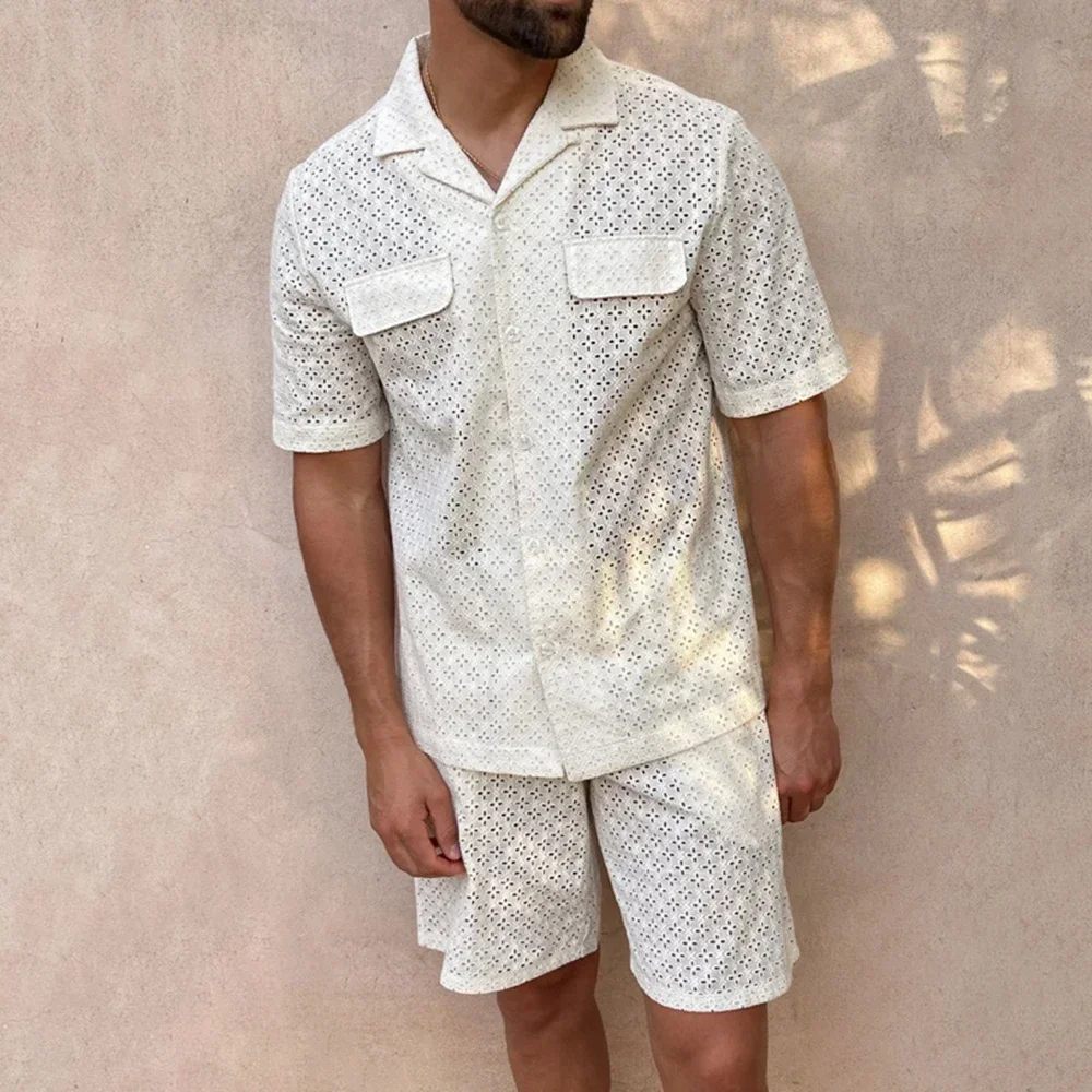 

Mens Sexy Hollow Casual Short-Sleeve Shirt Shorts Suit 2024 New Genderless Retro Simple Vacation Breathable Two-Piece Set Unisex