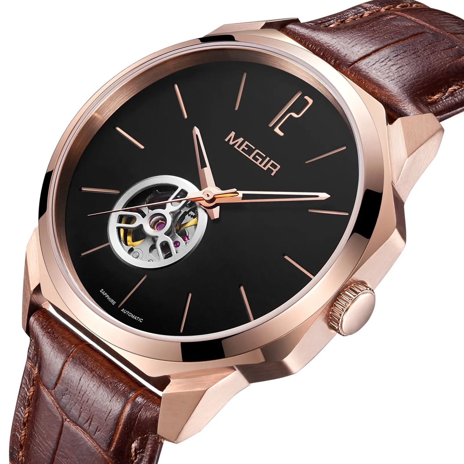 MEGIR Retro Men\'s Wristwatch Luxury Automatic Mechanical Watches Leather Sapphire 5ATM Waterproof Watch Relogio Masculino 62073