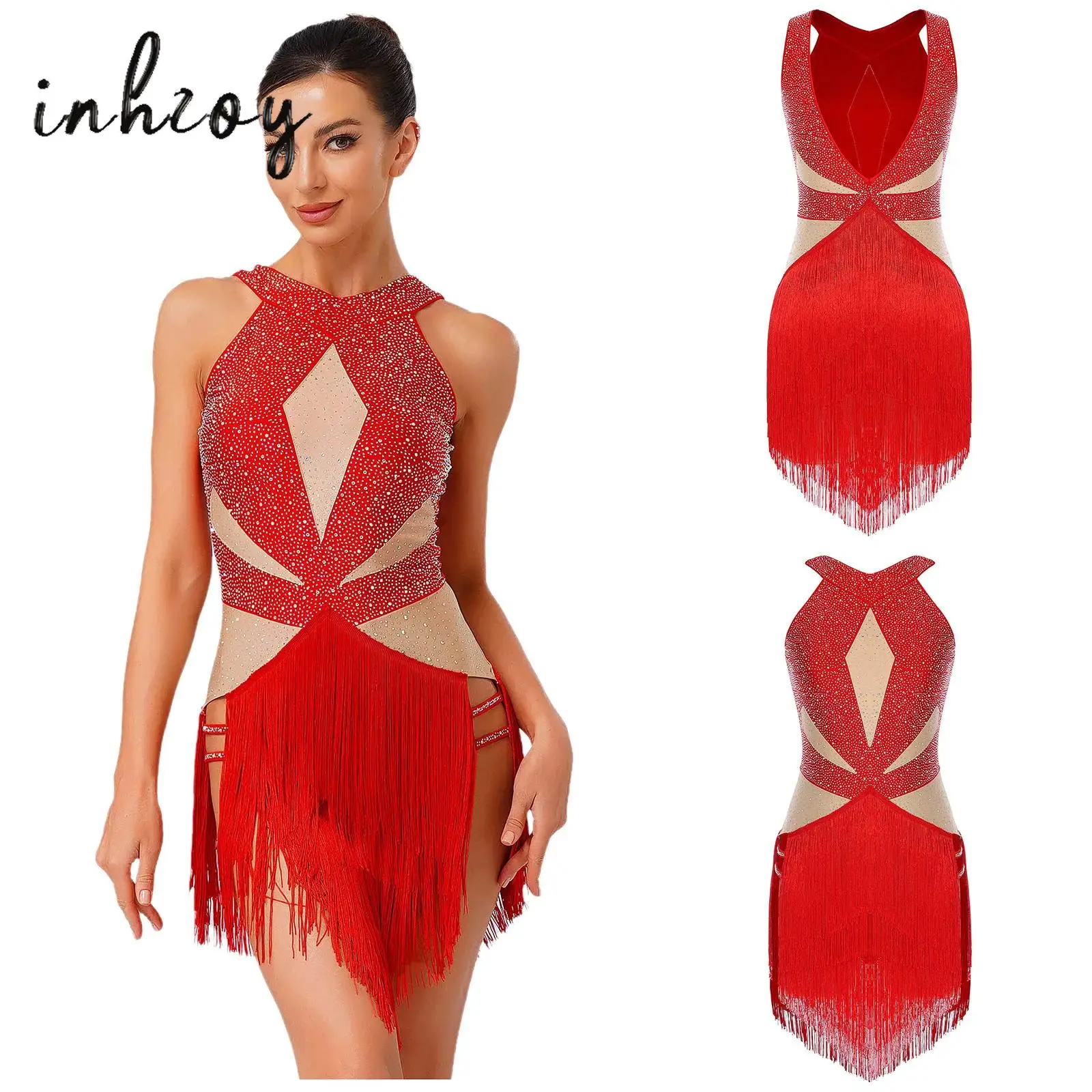 Womens Latin Tango Dance Leotard Rhinestones Backless Tiered Tassel Contrast Color Bodysuit Jumpsuit for Chacha Rumba Samba