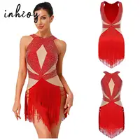 Leotardo de baile de Tango latino para mujer, mono con diamantes de imitación y espalda descubierta con borlas escalonadas, mono de Color contrastante para Chacha Rumba Samba