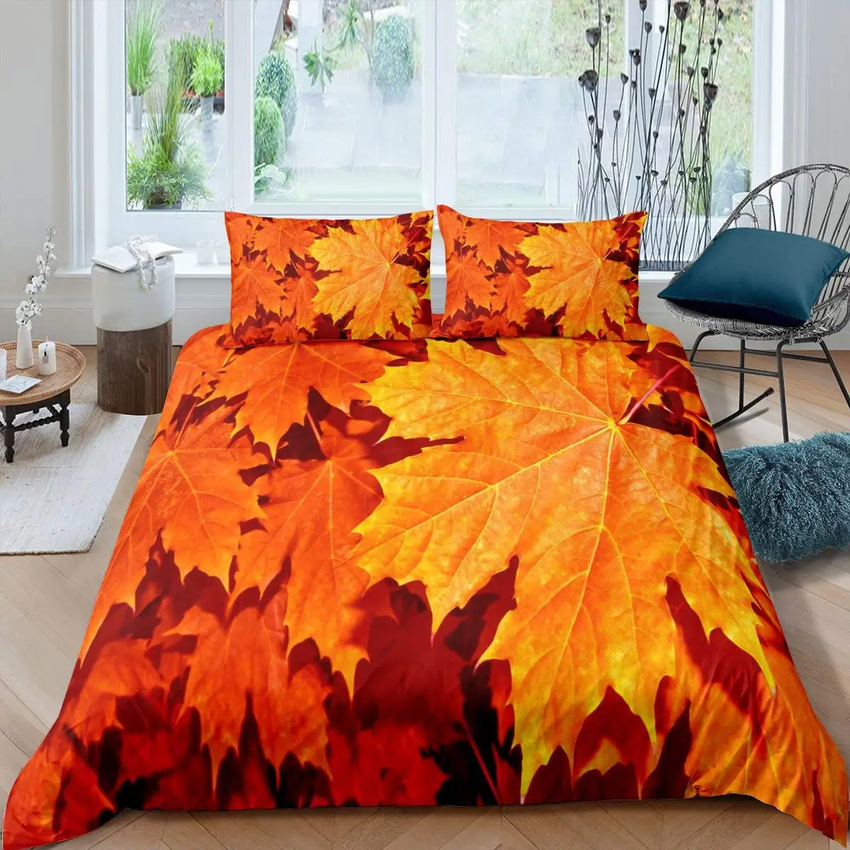 Maple Leaves Duvet Cover Set Colorful Autumn Season Maple Leaves In Unusual Designs Nature Print King Size 2/3pcs Bedding Set