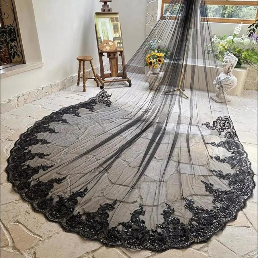 جديد وصول الحجاب الزفاف الكاتدرائية السوداء الدانتيل يزين العروس اكسسوارات الزفاف Velo de novia الحجاب الزفاف #5