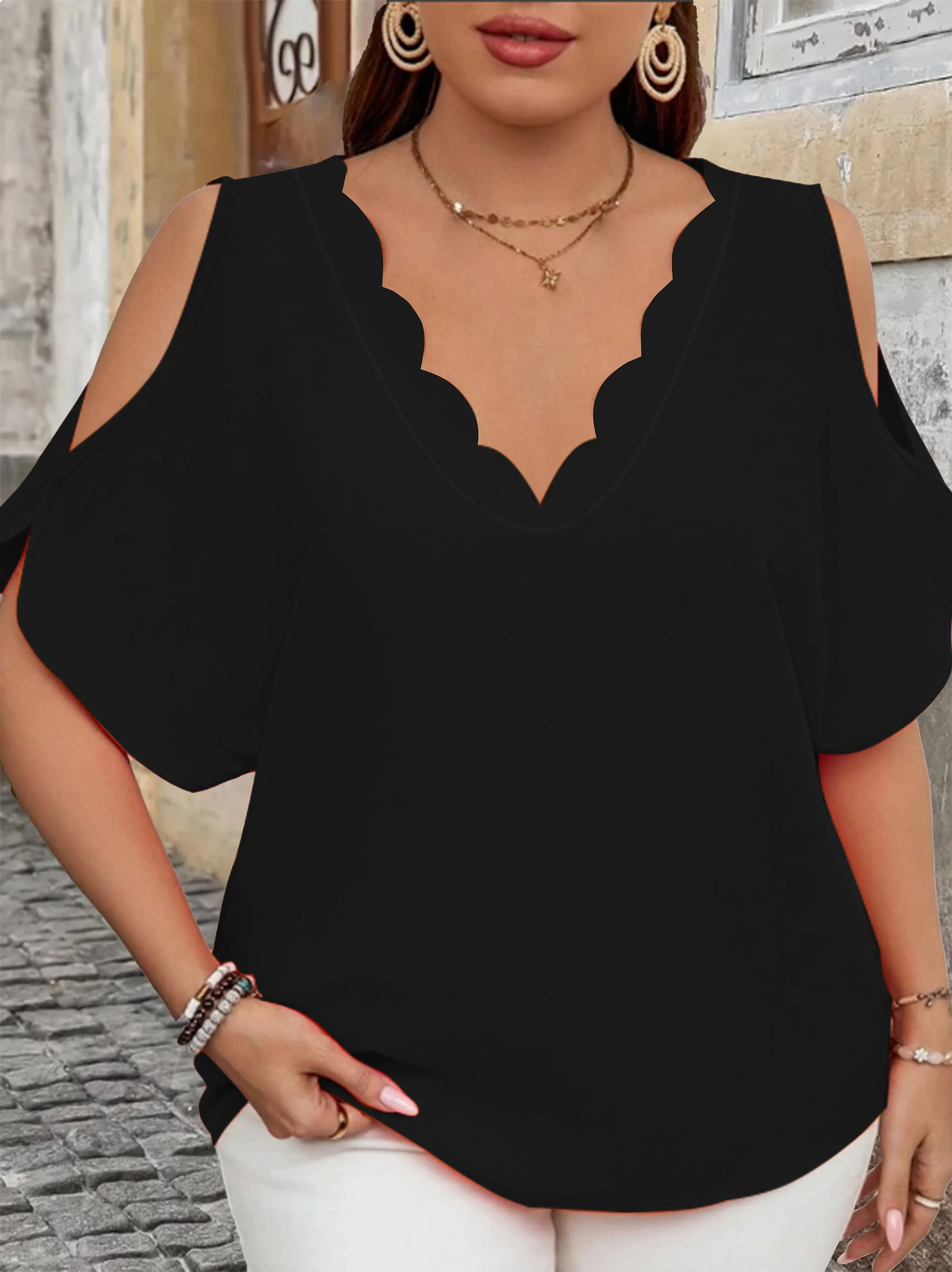 

Elegant Off-Shoulder Wave V-Neck T-Shirt Solid Color Plus Size Women Blouse Fashion Casual Short Sleeve Summer Top