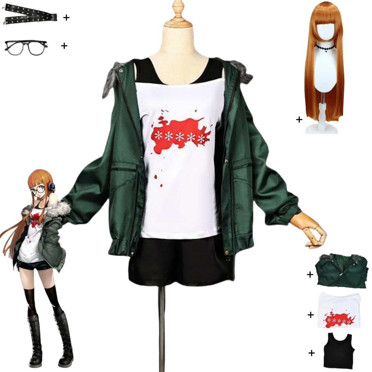 Anime Game Futaba Sakura Cosplay Costume P5 NAVI Green Coat Uniform Glasses Wig Woman Sexy Carnival Halloween Suit