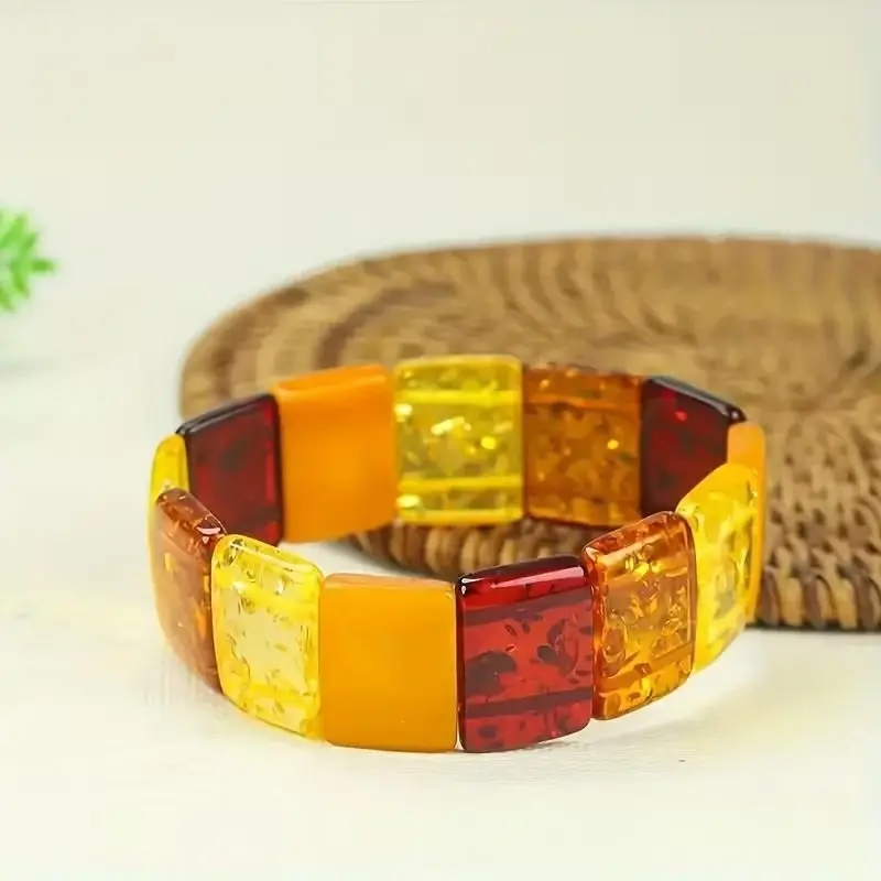 Second-generation Amber Beeswax Square Bracelet Multi-color Splicing Fashionable Retro Style Daily Wear Jewelry Handicrafts