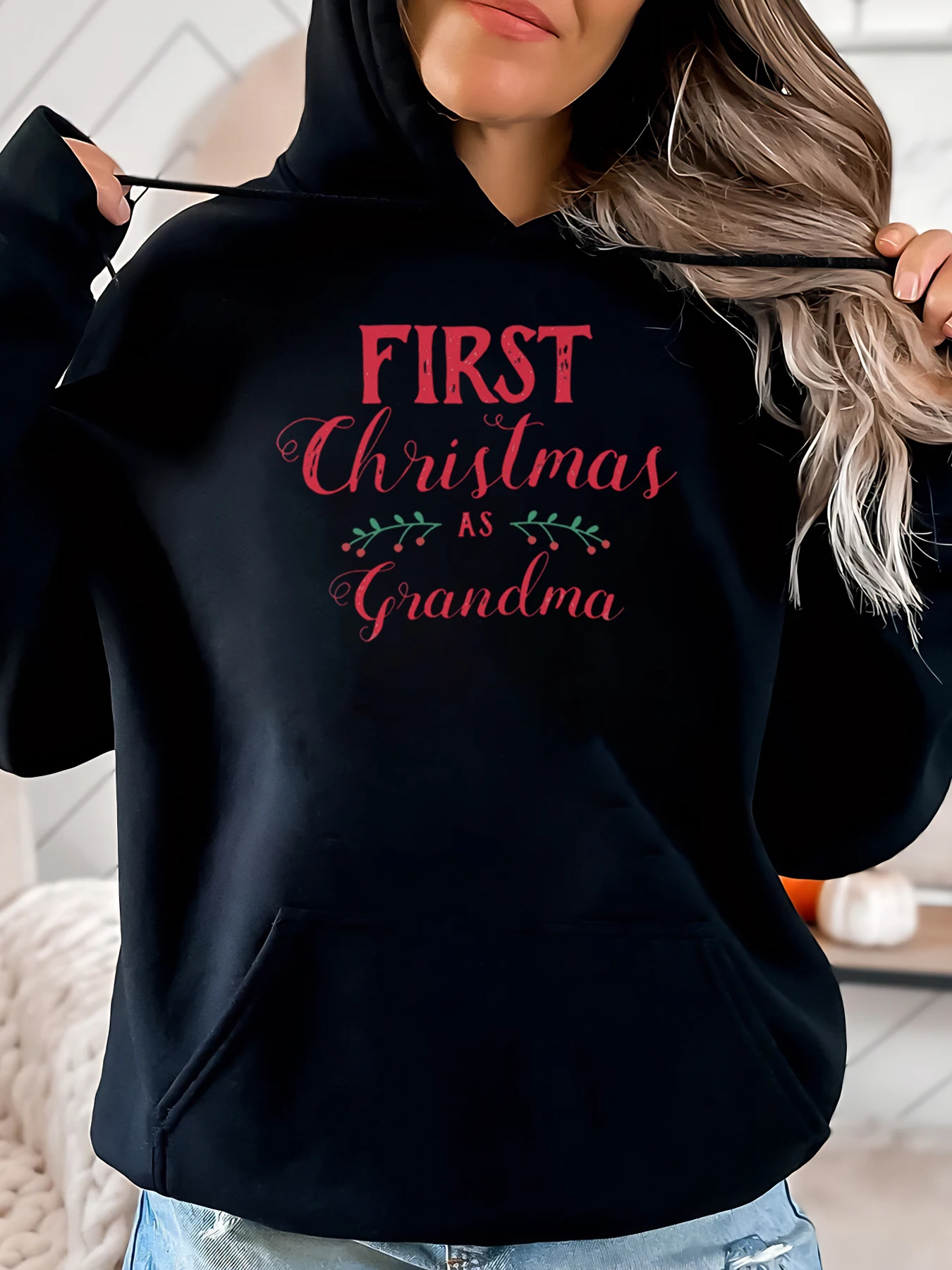 First Christmas as Grandma Print Hoodie Weihnachten Damen Sweatshirt Weihnachtsgeschenk Mama Plus-Size