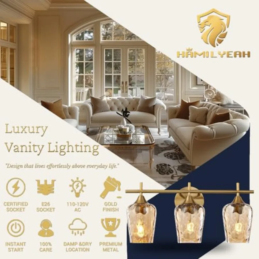 3 Light Bathroom Vanity Light Vanity Light with Amber Hammered Glass Shades Brushed Bathroom Light Fixture Over Mirror Modern W