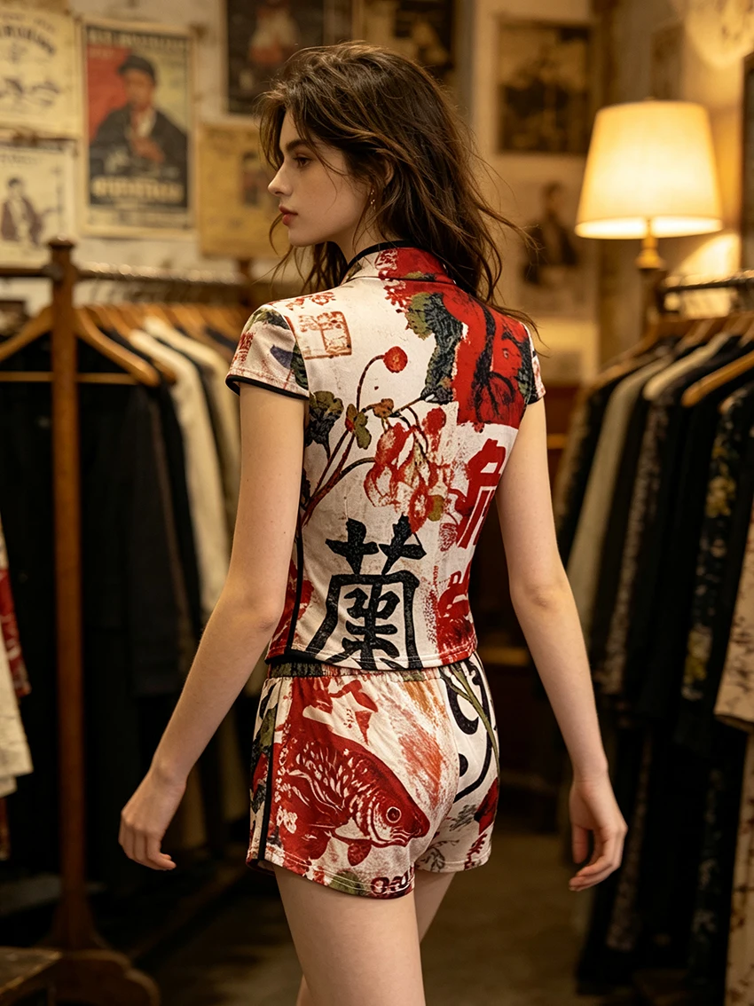 Trendy Retro Chinese Style Women Two Piece Set Vintage Calligraphy Koi Print Tie Front Hollow Top Casual Shorts Matching Outfits