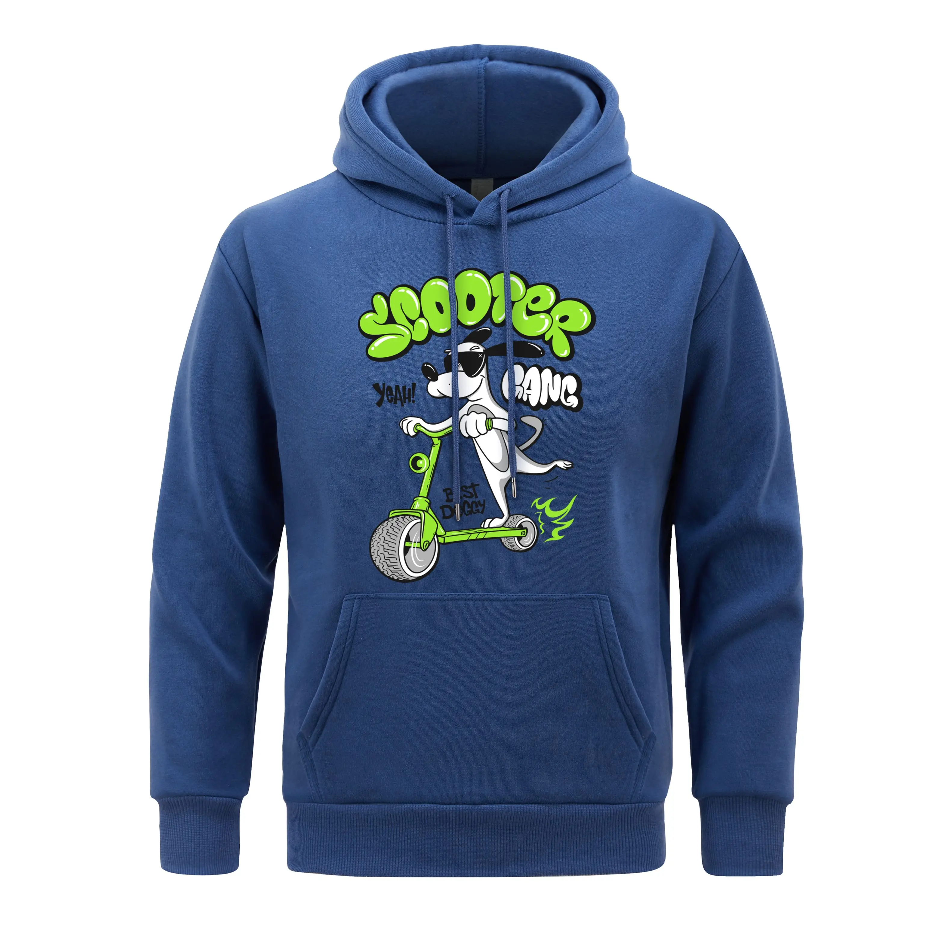 White Puppy Riding Green Scooter Men Hoodie Cartoon Hoody fur-liner Fleece  Hooded Man Casual Spring Autumn Clothing