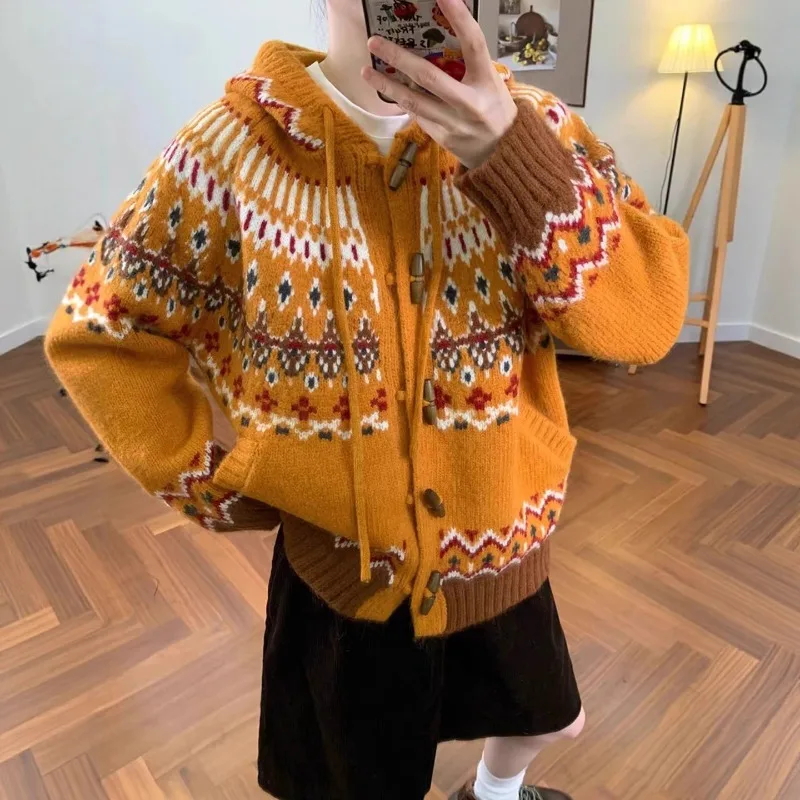 

Ленивый свободный свитер с капюшоном для женщин осенью и зимой, стильный вязаный кардиган средней длины, элитный студенческий стиль