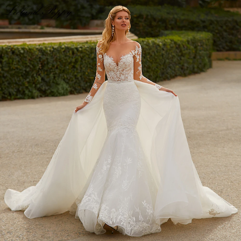 Lceland Poppy Customized Women's Lace Mermaid Wedding Dresses Floor Length Full Sleeves Bridal Gowns with Detachable Train