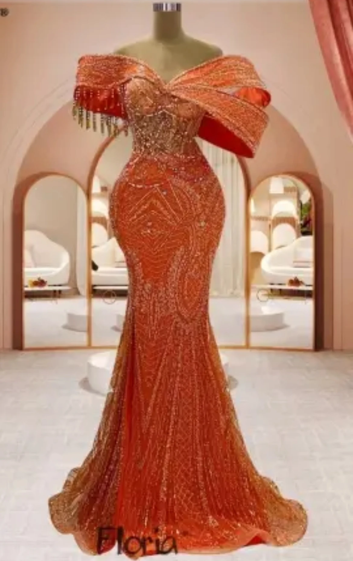 

2024 Plus Size Mermaid Orange Prom Dresses Sequined Beaded Evening Formal Party Second Engagement Birthday Gowns Dress ZJ89