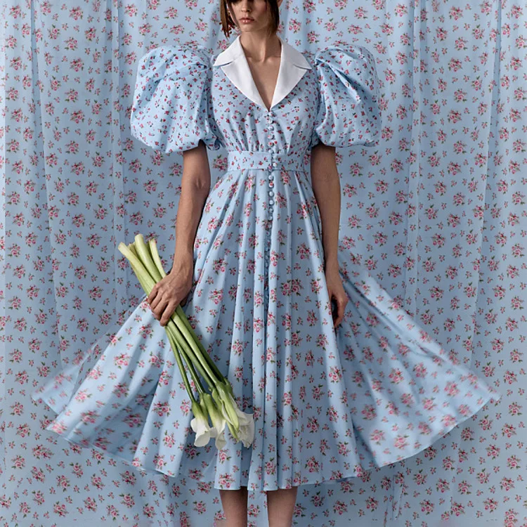 

Ele Floral Print Dr Женское модное платье с высокой талией Bubble Sve и отложным воротником Sweet Sle Princ Cut Long D...
