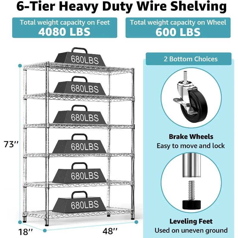 Steel Storage Shelving 6-Tier Utility Shelving Unit with Wheels, Steel Organizer Wire Rack for Home,Kitchen,Office,Garage