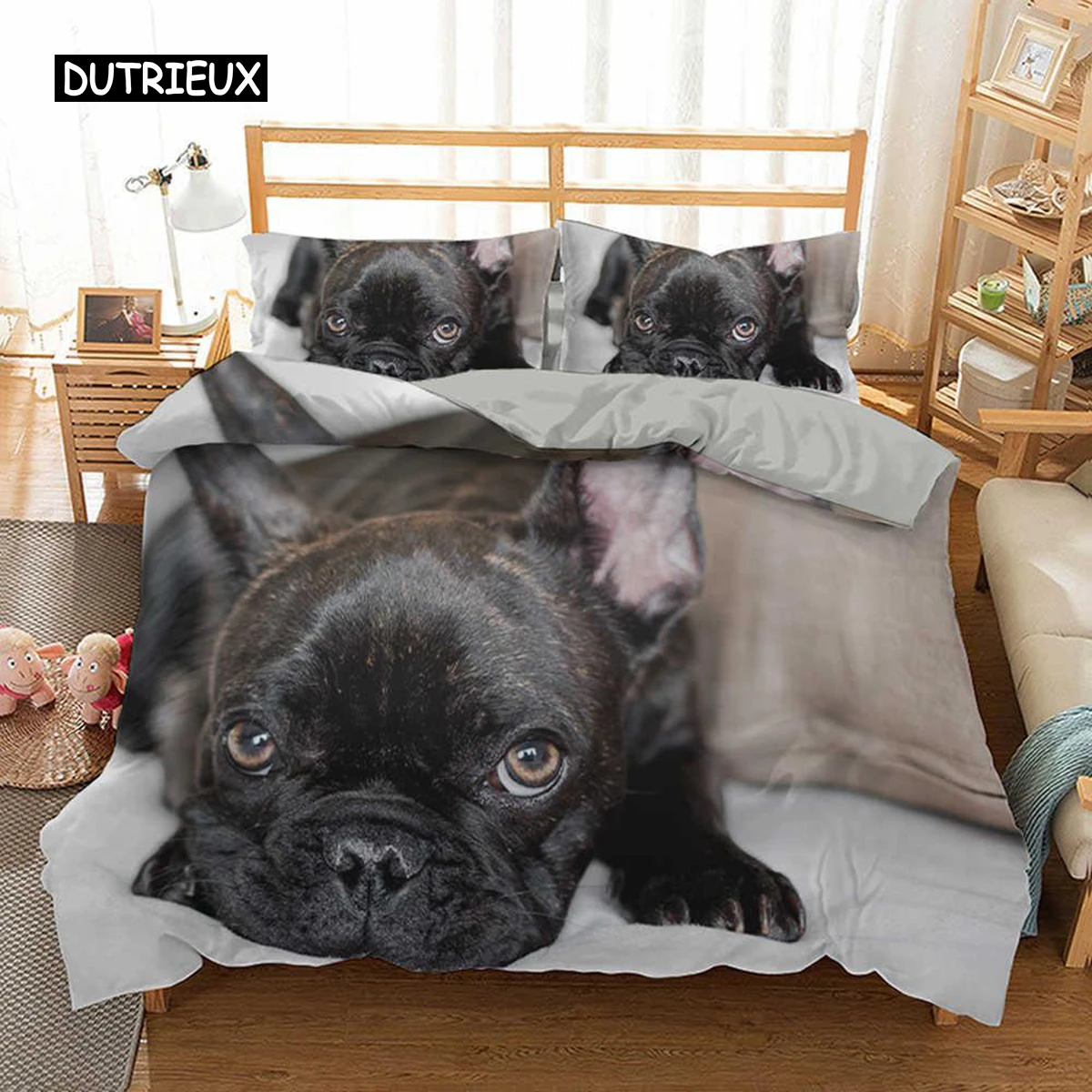 

French Bulldog Duvet Cover Set King Size Cute Puppy Animal Theme Bedding Set for Kids Teen Polyester 2/3pcs Soft Comforter Cover