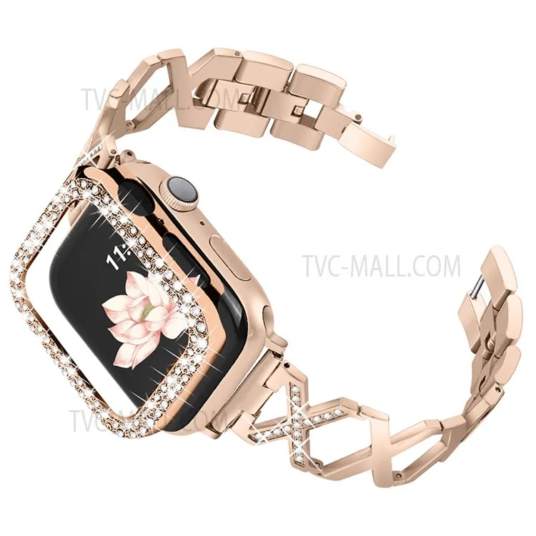 

2-in-1 Stainless Steel Rhinestone Protective Watch Case Cover + X Design Watch Band for Apple Watch Series 7 45mm - Gold