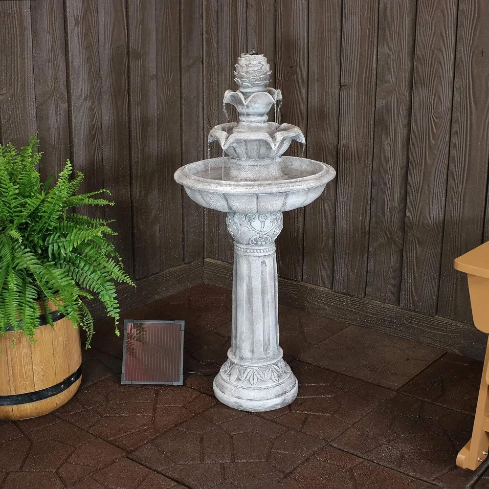 Ornate Elegance 42-Inch Tiered Solar Fountain with Battery Backup and Light - Submersible Pump - White 19.5