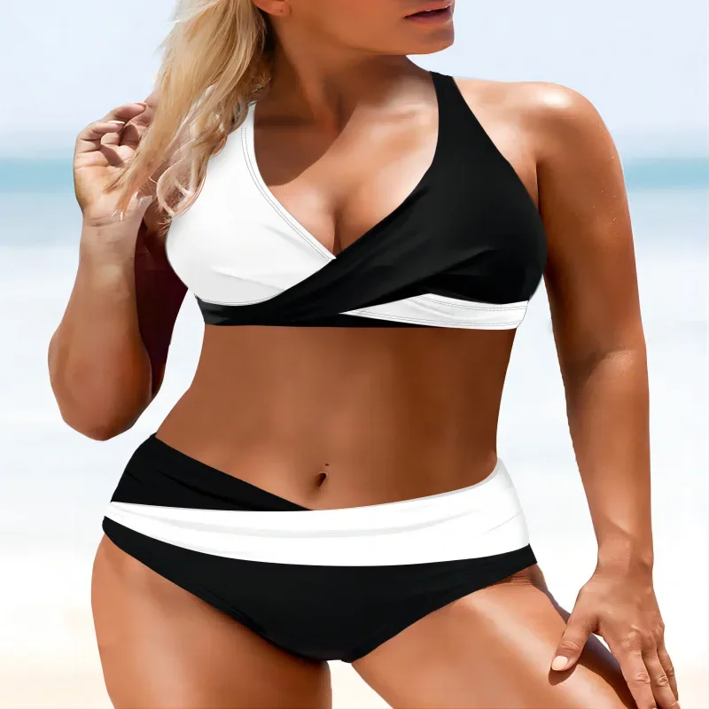 2024 New Striped Print High Waist Bikini Sets Swimsuit for Women Cross Push Up Swimwear Female Two Pieces Bathing Suit Beachwear