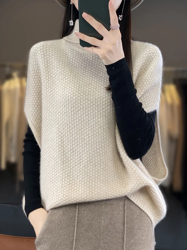 Luxury Autumn Winter Women Loose Vest 100% Merino Wool Solid Knitted Pullover Sleeveless Turn-down Collar Cashmere Sweater Tops