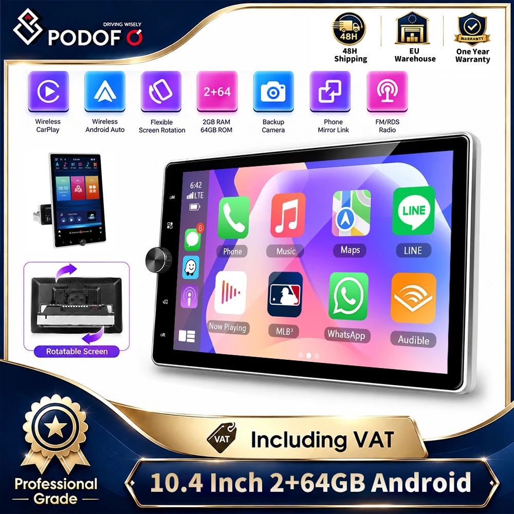 Podofo, lettore multimediale per auto con schermo Android da 10,4 pollici, modello a singolo DIN, con schermo orientabile manualmente, navigazione GPS, WiFi, Bluetooth, radio FM RDS, CarPlay wireless,