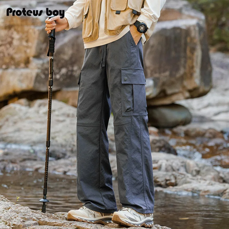 

ProteusBoy, американские ретро спортивные брюки для пешего туризма, повседневные прямые брюки с широкими штанинами и завязками, рабочая одежда