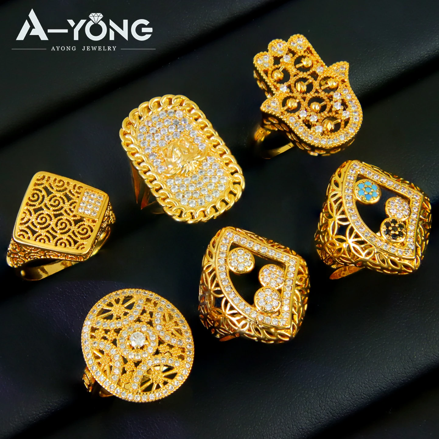 

Dubai Punk Hip Hop Rings 21k Gold Plated Hollow Italian Zirconia Couples Ring Brazilian Women Bridal Wedding Party Jewelry