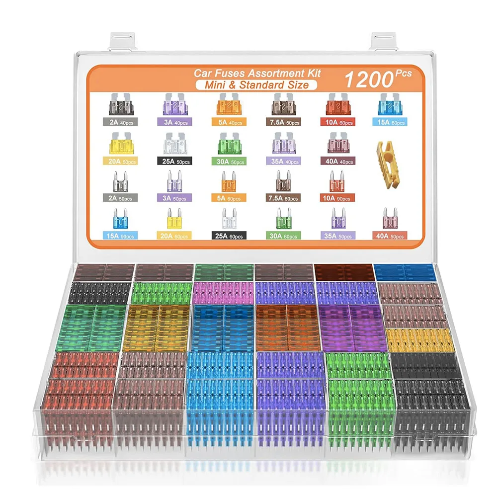 

1200pcs Fuses Assortment Kit 520PCS Standard Fuse Kit 680PCS Mini Fuses 1 Puller (2A 3A 5A 7.5A 10A 15A 20A 25A 30A 35A 40A)