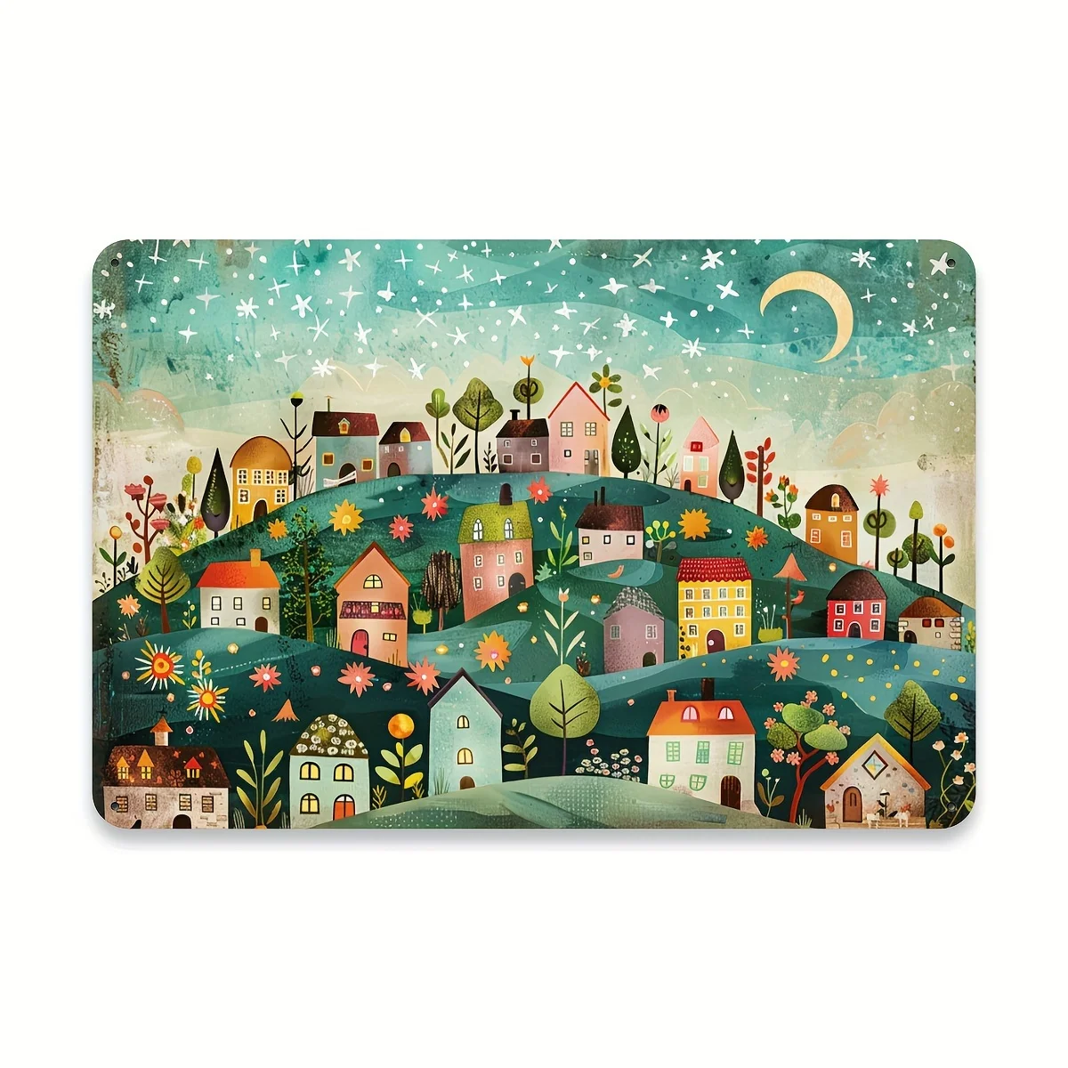 

1pc Fairy Tale Colorful Village & Moon Wall Sign Metal Decor Home Bedroom Enchanted Town Decor Plaque