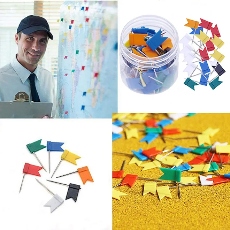 100 قطعة/الوحدة العلم شكل دبوس طويل Thumbtacks الملونة لوحة الفلين خريطة علامة دبوس للمنزل مكتب جدار الإبهام تك أدوات الديكور