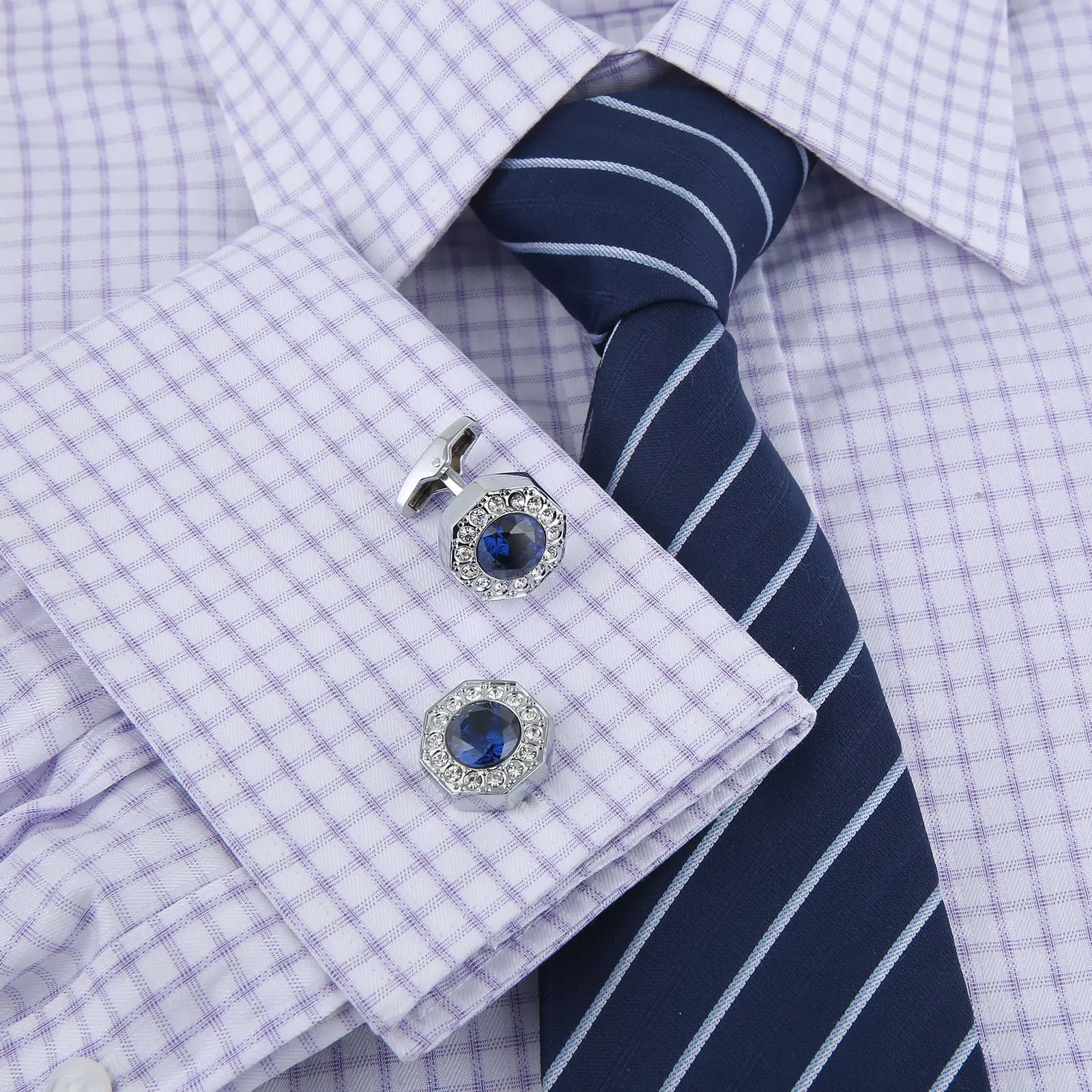 Gemelos de camisa francesa de cristal azul de alta calidad para hombres, regalos de padre, botones de diamantes de imitación, boda, padrino de boda,