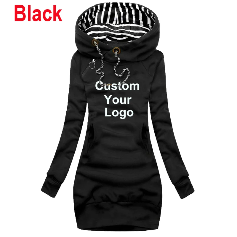 New Women's Custom Your Logo Hooded Long Sleeved Dresses Long Sleeve Hoodie Casual Skirt Hooded Pullover Pocket Sweater Dress