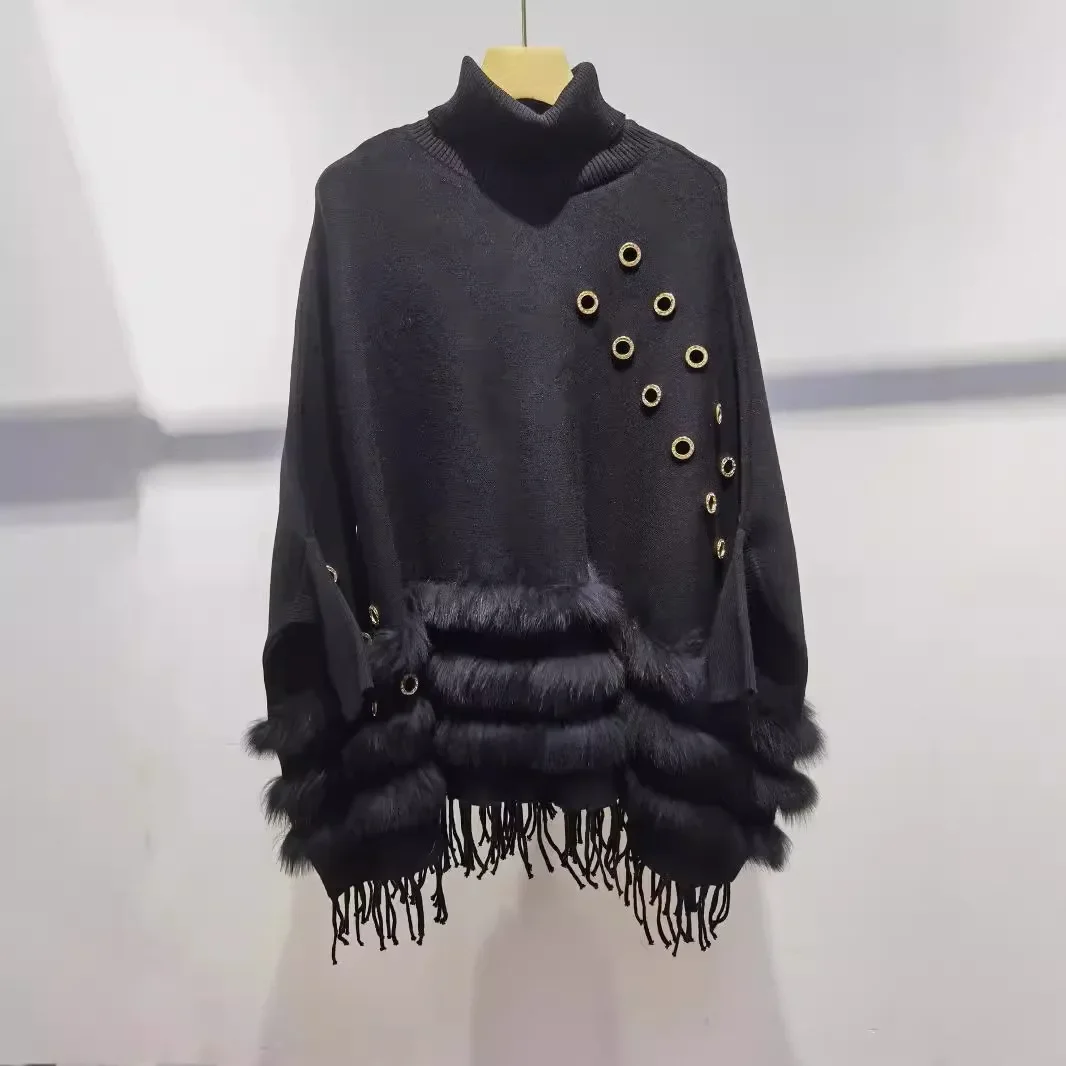 2024 Women Autumn Real Natural Fox Fur Turn-down Collar Solid Knitted Cape Oversize Sweater Cloak Outerwear Luxury Female Coat