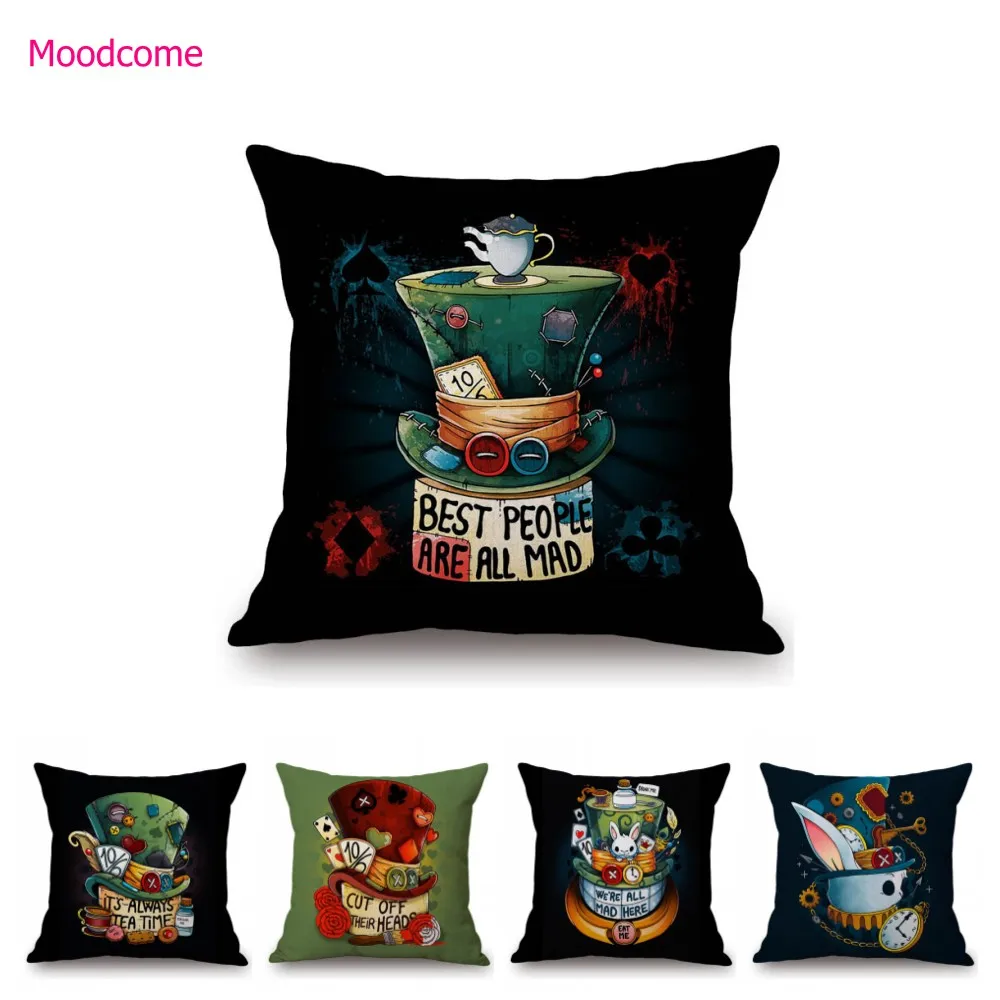 Alice Wonderland Mad Hatter Cartoon Art Tea TIme Cartoon Sofa Throw Pillow Case Cotton Linen Car Bench Chair Cushion Cover