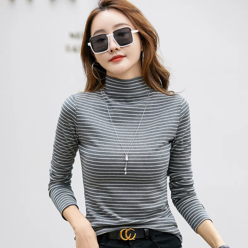 

New T Shirt Women Long Sleeve Striped Cotton Basic Tshirt Winter Warm Tops Tees Turtleneck Woman Shirt Ropa De Mujer