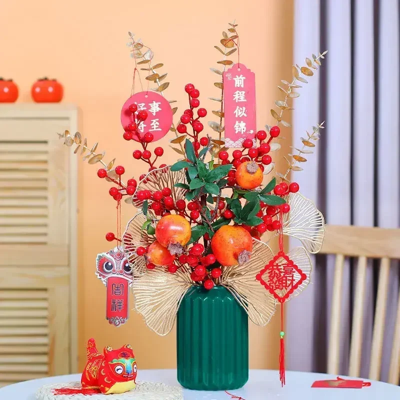 

Chinese Artificial Flower Red Fortune Fruit Ceramic Vase Flower Arrangement New Wedding Decoration Home Coffee Table Ornaments