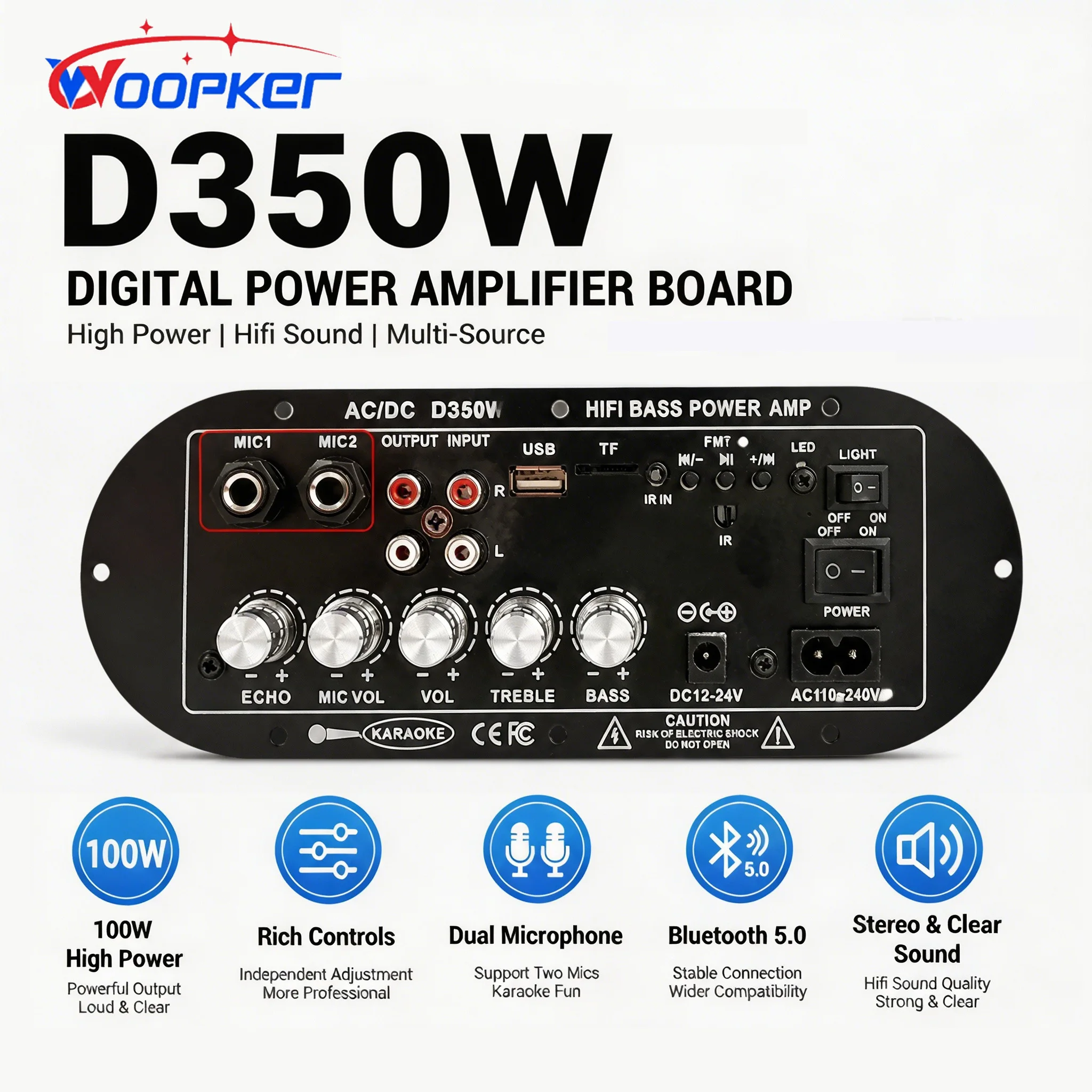 WOOPKER 100W Bluetooth 5.0 Digital Amplifier Board HiFi Bass Amp Dual Mic Karaoke USB TF Card FM RCA for Car Home Speaker DIY