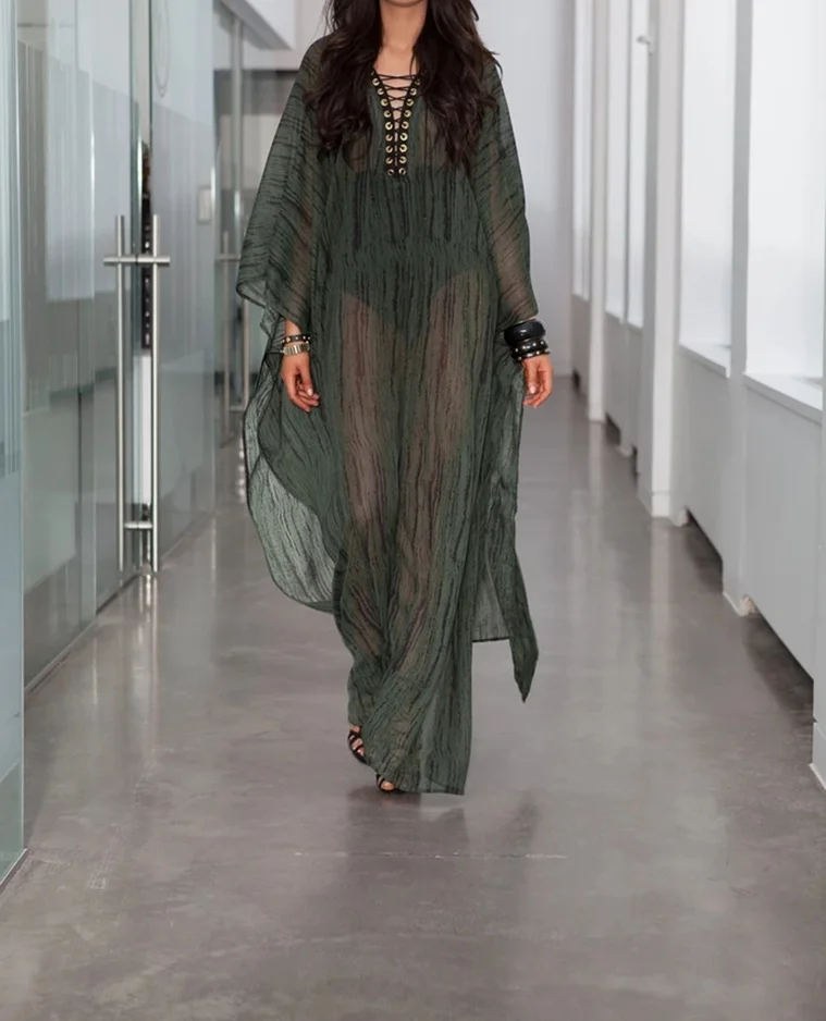 Boho Chic – caftan de plage transparent pour femmes, fantaisie, à lacets, col en v, Maxi, Cover-Up, fluide, vêtements de plage d'été