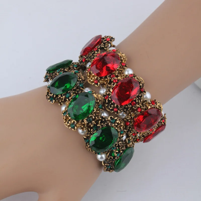 Women\'s Vintage Imitation Gem With Pearl Bracelet Elastic Bangles