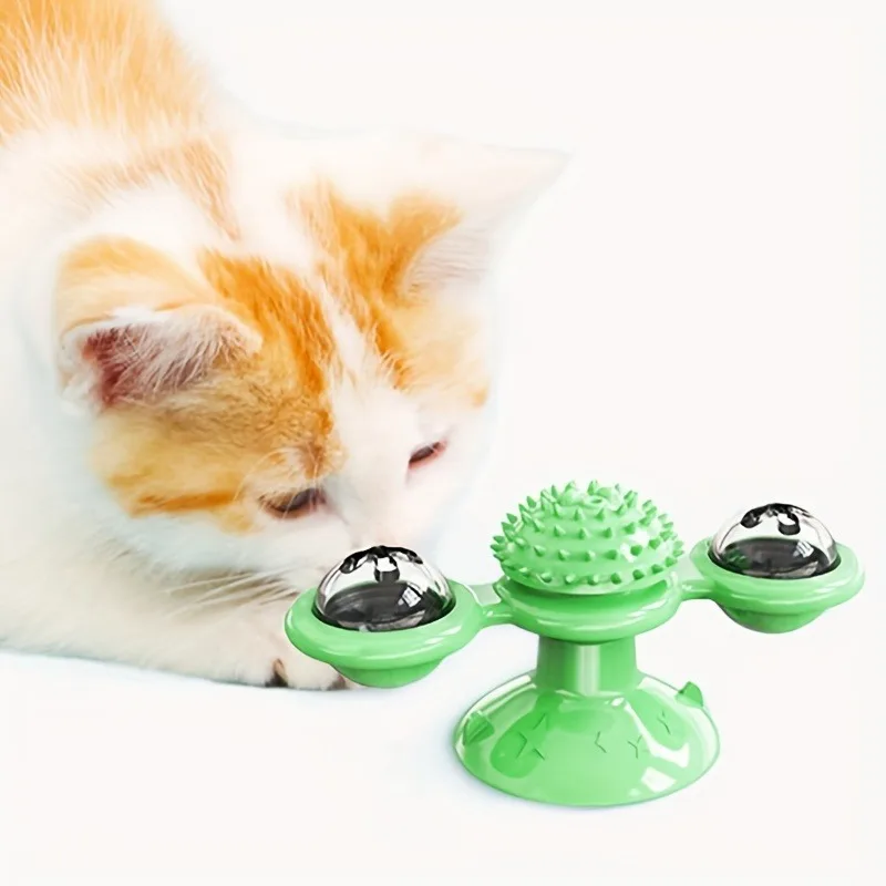 Interactive Windmill Cat Toy - Silicone Scratcher & Brush Turntable for Cats, Battery-Free