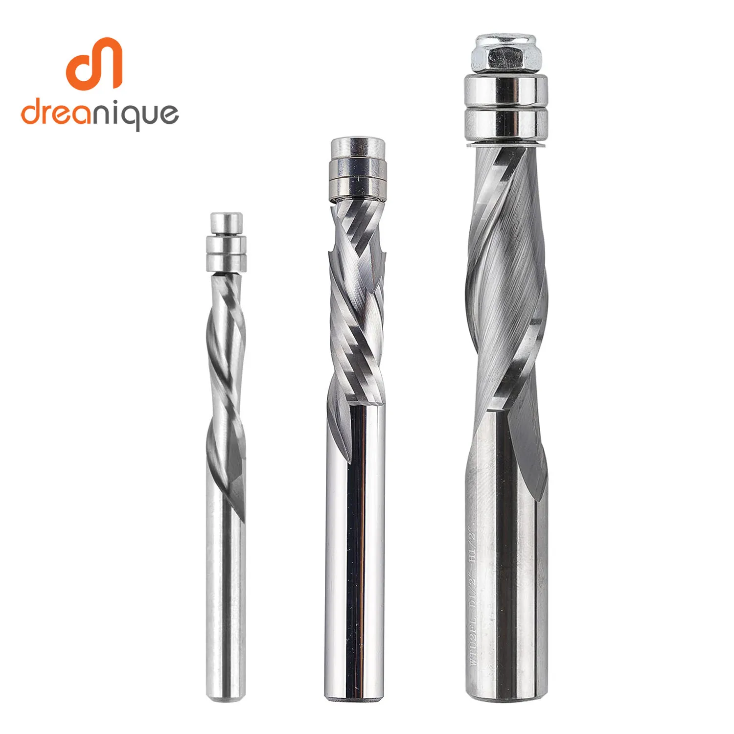 Dreanique 1pc Solid Carbide Bearing Guided Spiral Flush Trim Router Bit 1/4 1/2 Shank CNC UP&DOWN Cut Milling Cutter for Wood