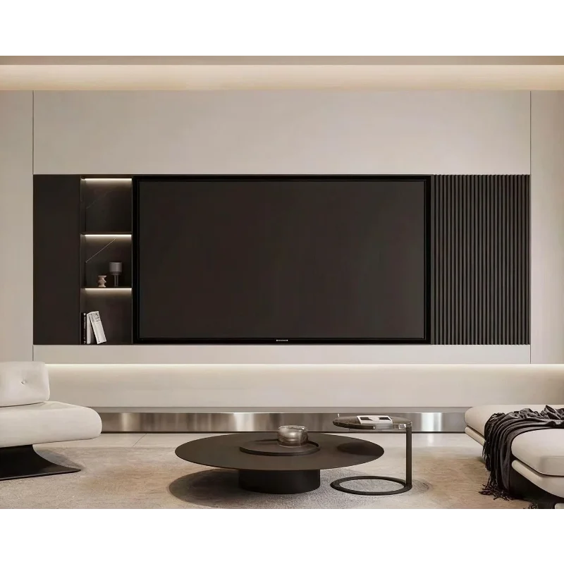 LED Recessed TV Wall Niche, Stainless Steel Embedded TV Surround Frame with Side Storage Compartments